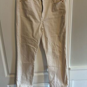 Express Cream high rise Straight Leg Jeans for Women with greyed bottoms